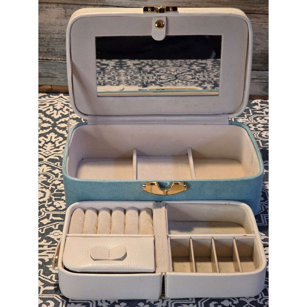 Jewelry Box Organizer Storage Case Teal Suede Faux Leather Mirror Handle Lock - Picture 8 of 12